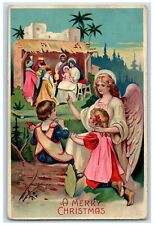 Christmas Postcard Religious Angel And Children Embossed c1910's Posted Antique picture