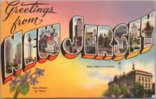NEW JERSEY Large Letter Linen Postcard State Capitol & Violet Flower 1952 Cancel picture