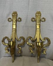 Vintage Pair Bombay Brass Wall Sconces Torch & Ribbon Candle Holders 15.5” picture