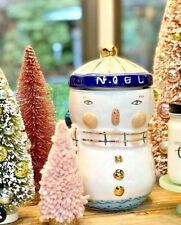 NEW ANTHROPOLOGIE COOKIE JAR CANISTER JOYEUX NOEL MERRY CHRISTMAS 2 PC. SNOWMAN picture
