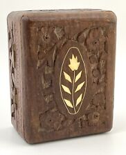 Vintage Carved Wood Trinket Jewelry Box 1970s Inlaid Wood Hinged Lined MCM Decor picture