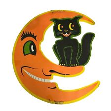 Vintage Halloween Beistle Die Cut Black Cat Sitting on Nose of Crescent Moon 14