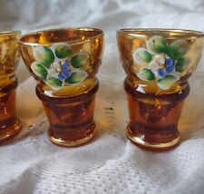 Vintage Set Of Four Murano Amber Glass Hand Painted 24k Gold Accent Shot Glasses picture