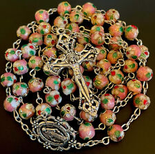 Catholic Pink 8mm Cloisonné Floral 5 Decade Rosary Silver Tone Crucifix picture