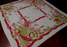 Red Lime Green Vintage FRUIT Cotton Print Tablecloth~Pineapple~Strawberry Basket picture