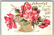 Postcard Valentine Day Pink Flowers Basket Of Love For You Gold Gilded Embossed picture