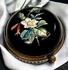 Antique MOSER BLACK GLASS SNUFF BOX Czech Hand Blown Enamel Gold Numbers Flowers picture