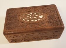 Vintage India Hinged Wooden Inlaid Box Hand Carved Sheesham Wood Floral Design picture