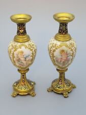 Antique Sevres Style Vase Pair French champleve Enamel Porcelain ormolu Brass picture
