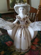 Vintage Cream & Gold Ceramic Woman Lace Holder 1956 on Base 9 INCHES Tall. picture
