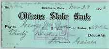 Braman, OK 1906 Territorial Citizens State Bank Check - Scarce picture