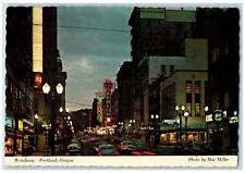 Portland Oregon OR Postcard Broadway At Night Business Section Scene c1960's picture