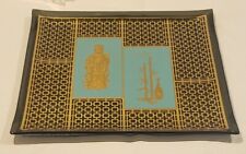 Mid Century Asian Smoked Glass Gold Aqua Goddess Bamboo Tray 12