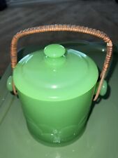 Fenton Jade Green Glass Cookie Jar Ice bucket w/ Rattan Handle C. 1933 picture