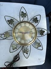 Vintage UNITED #55  Metal Leaves Sunburst Wall Clock Gold Mid Century Modern picture