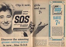 1964 SOS CLEANING PADS AD~NEW BLUE~GROCERY COUPON~GREASE CUTTING~DOUBLE PAGE picture
