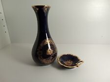 Vintage Limoges Vase And Ring Dishe Cobalt Blue With Gold Trim picture