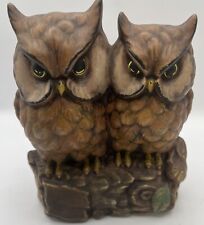 Beautiful Hand painted Pair Of Owls On Log 6”High. Ceramic Owl. Vintage picture