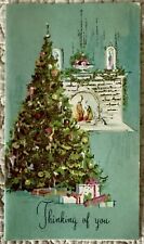 Unused Christmas Tree Fireplace Gold Glitter Vintage Greeting Card 1950s 1960s picture