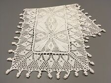 Vintage Boho 60s 70s Textured Abstract Tassels Filet Crochet White Table Runner picture