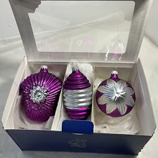 KREBS Glas Lauscha 3 Pc Purple Glass Christmas Ornament Set Germany Orig Box picture
