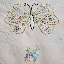 Vtg Hand Embroidered Square Cotton Tablecloth Butterflies Scalloped Crochet Edge picture