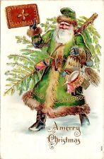 C.1910s Father Christmas Green Coat Robe Santa W Coin Sack Toys Postcard A217 picture
