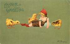 Artist Signed Easter Postcard Child & Chicks - signed Wiktor Langner used 1908 picture