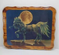 Vintage Sue Dawe Unicorn With Moon Lacquer Wooden Plaque 1980’s Bedroom Decor picture