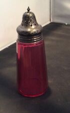 ANTIQUE VICTORIAN CRANBERRY GLASS TALL PANEL SUGAR SHAKER EPNS SILVER PLATED LID picture