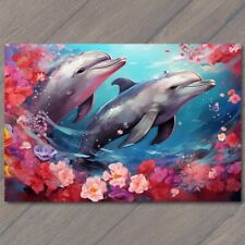 POSTCARD Love Dolphins Celebrating Valentine’s Day Beautiful Flowers 🐬💕🌸 picture