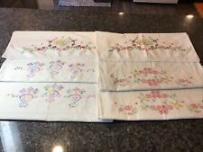 3 Pairs Vintage Pillowcases Hand Embroidered Cross Stitched Flowers Cottagecore picture