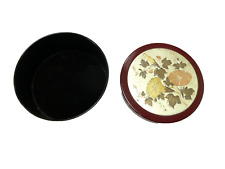 VTG lacquered round trinket box brown metallic flower decor unsigned 4