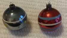 Vintage Shiny Brite Striped Round Balls Ornaments Red Aqua Blue Lot Of 2 USA picture