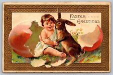 Antique Easter Postcard Hatched Colored Egg With Bunny & Child 1910s Embossed J6 picture