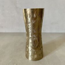 Vintage Solid Brass 4.5” Bud Vase Etched Floral Leaf Design- Made In India picture