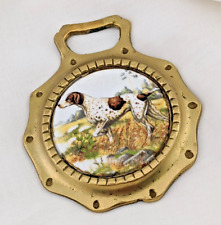 Brass Horse Medallion Vintage Porcelain English Pointer Pup Dog Sport Hunt Show picture