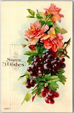 1910's Sincere Wishes Flower Bouquet Berries Greetings Card Posted Postcard picture