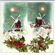 x2 SET c1890s Snowy Windmills Xmas Trade Cards Holly Berry Christmas Moon Vtg 2B picture
