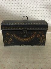 Antique 19C Folk Art Painted  Flowers Tin Toleware Covered  Document Box picture