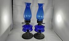 2  Cobalt Blue Kerosene Oil Lamps Made In Hong Kong VINTAGE 16” Tall picture