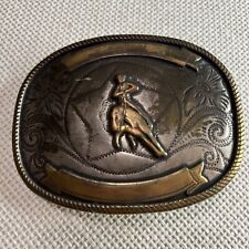 Vintage Western Cowboy Silver Brass Large Belt Buckle Calf Roping Trophy Rodeo picture