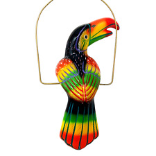 Hanging Toucan Parrot Bird in Brass Ring Perch Mexican Ceramic Animal Large 18in picture