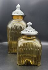 2 Artland Amber Glass Canisters With Pewter Lids  16in X 6in and 11in X 6in picture