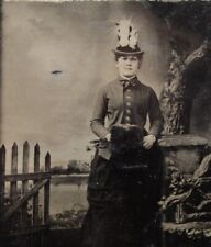 C.1880/90s Tintype Beautiful Woman W Purse Bag Large Hat Victorian Dress D30194 picture
