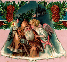 Santa Claus Christmas Postcard Brown Robe Coat Angel Bell Gold Trim Germany 1907 picture