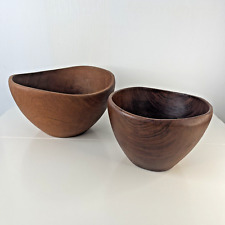 2 Teak Wood Wave Rim Bowls Hand Carved Sculptural MCM Thailand 12 & 9