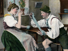 1908 Traditional Bavarian Couple Lederhosen Knit Yarn Humor Theochrom Postcard picture