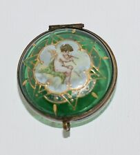 RARE Antique 1880  HAND PAINTED Emerald Glass CHERUB/PUTTI PATCH Box  ON SALE picture