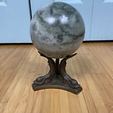 Vintage Polished Granite Marble Sphere Ball Brass Three Fish Koi Stand READ picture